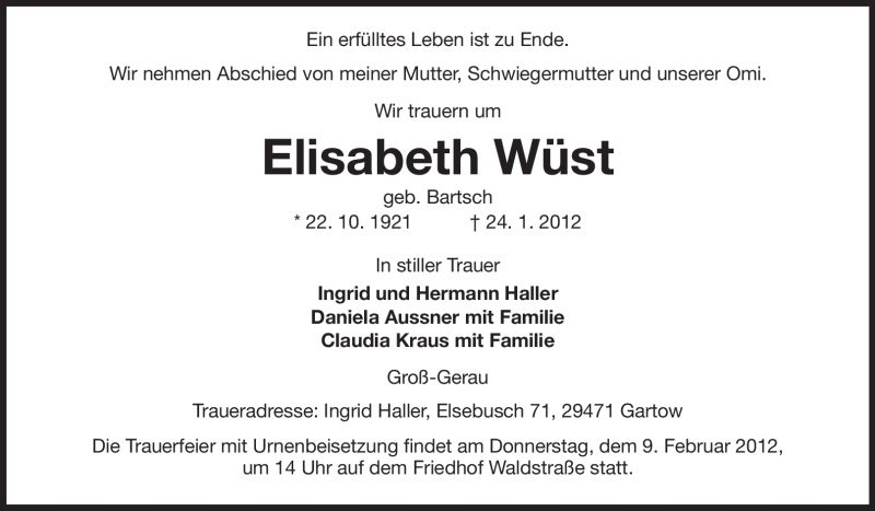  Traueranzeige für Elisabeth Wüst vom 06.02.2012 aus Rüsselsheimer Echo, Groß-Gerauer-Echo, Ried Echo