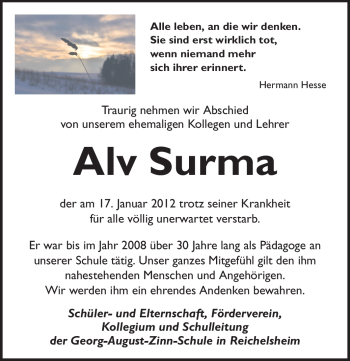 Traueranzeige von Alv Surma von Odenwälder Echo