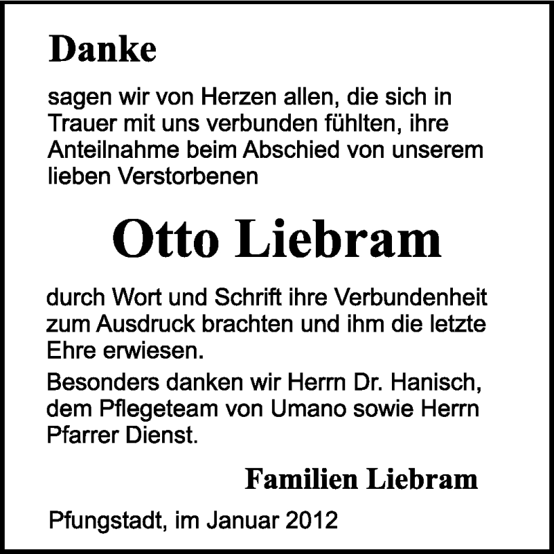  Traueranzeige für Otto Liebram vom 31.01.2012 aus Echo-Zeitungen (Gesamtausgabe)