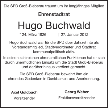 Traueranzeige von Hugo Buchwald von Echo-Zeitungen (Gesamtausgabe)