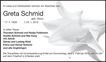 Traueranzeige von Greta Schmid von Rüsselsheimer Echo, Groß-Gerauer-Echo, Ried Echo