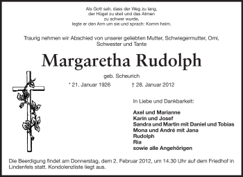 Traueranzeige von Margaretha Rudolph von Starkenburger Echo, Bergsträßer Anzeiger