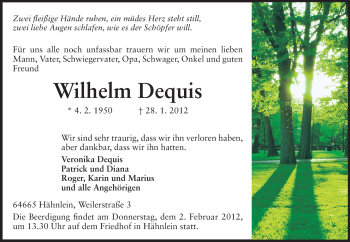 Traueranzeige von Wilhelm Dequis von Echo-Zeitungen (Gesamtausgabe)