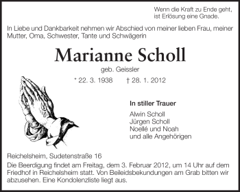 Traueranzeige von Marianne Scholl von Odenwälder Echo