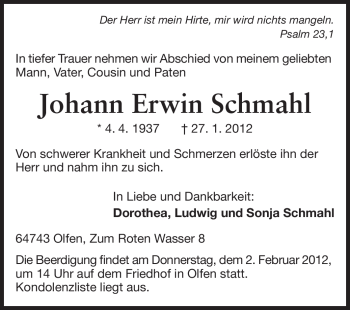 Traueranzeige von Johann Erwin Schmahl von Odenwälder Echo
