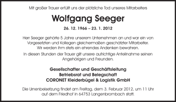Traueranzeige von Wolfgang Seeger von Odenwälder Echo