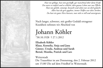 Traueranzeige von Johann Köhler von Echo-Zeitungen (Gesamtausgabe)