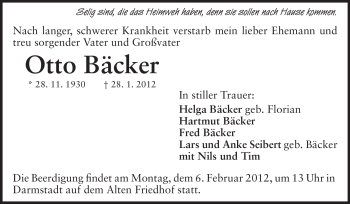 Traueranzeige von Otto Bäcker von Darmstädter Echo, Odenwälder Echo, Rüsselsheimer Echo, Groß-Gerauer-Echo, Ried Echo