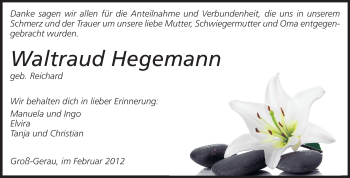 Traueranzeige von Waltraud Hegemann von Rüsselsheimer Echo, Groß-Gerauer-Echo, Ried Echo