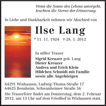 Traueranzeige von Ilse Lang von Echo-Zeitungen (Gesamtausgabe)