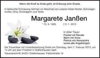 Traueranzeige von Margarete Janßen von Darmstädter Echo, Odenwälder Echo, Rüsselsheimer Echo, Groß-Gerauer-Echo, Ried Echo