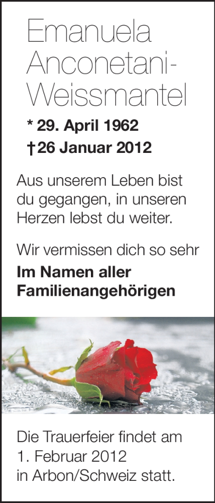  Traueranzeige für Emanuela Anconetani-Weissmantel vom 01.02.2012 aus Echo-Zeitungen (Gesamtausgabe)