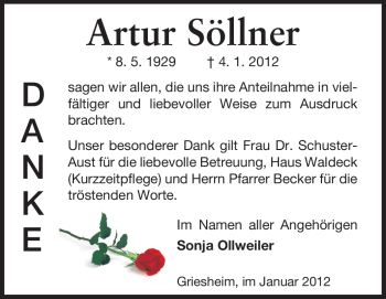Traueranzeige von Artur Söllner von Echo-Zeitungen (Gesamtausgabe)