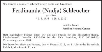 Traueranzeige von Ferdinanda Schleucher von Darmstädter Echo, Odenwälder Echo, Rüsselsheimer Echo, Groß-Gerauer-Echo, Ried Echo