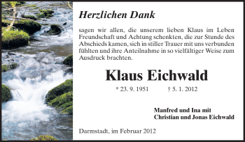 Traueranzeige von Klaus Werner Eichwald von Echo-Zeitungen (Gesamtausgabe)
