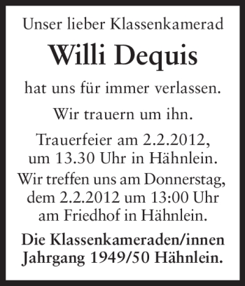 Traueranzeige von Willi Dequis von Echo-Zeitungen (Gesamtausgabe)