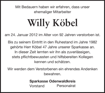 Traueranzeige von Willy Köbel von Odenwälder Echo