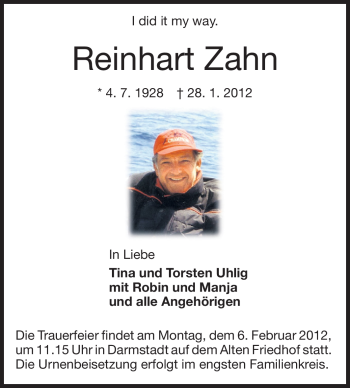 Traueranzeige von Reinhart Zahn von Echo-Zeitungen (Gesamtausgabe)
