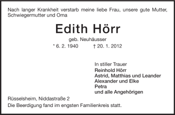 Traueranzeige von Edith Hörr von Rüsselsheimer Echo, Groß-Gerauer-Echo, Ried Echo
