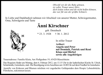 Traueranzeige von Änni Kirschner von Rüsselsheimer Echo, Groß-Gerauer-Echo, Ried Echo