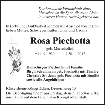 Traueranzeige von Rosa Piechotta von Rüsselsheimer Echo, Groß-Gerauer-Echo, Ried Echo
