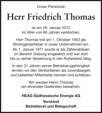 Traueranzeige von Thomas Friedrich von Echo-Zeitungen (Gesamtausgabe)