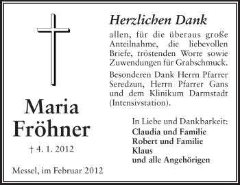 Traueranzeige von Maria Fröhner von Echo-Zeitungen (Gesamtausgabe)