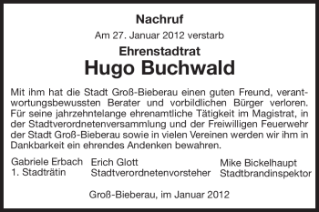 Traueranzeige von Hugo Buchwald von Echo-Zeitungen (Gesamtausgabe)