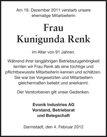 Traueranzeige von Kunigunda Renk von Echo-Zeitungen (Gesamtausgabe)