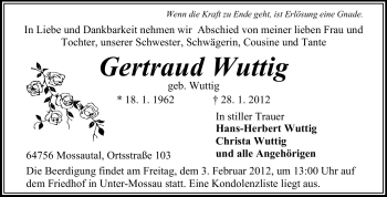 Traueranzeige von Gertraud Wuttig von Odenwälder Echo