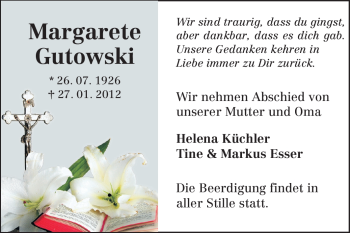 Traueranzeige von Margarete Gutowski von Odenwälder Echo