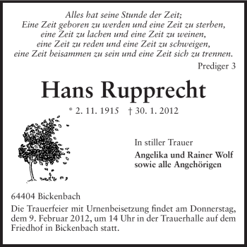 Traueranzeige von Hans Rupprecht von Echo-Zeitungen (Gesamtausgabe)