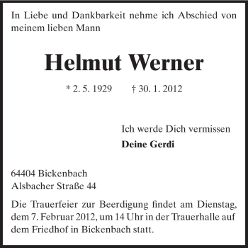 Traueranzeige von Helmut Werner von Echo-Zeitungen (Gesamtausgabe)