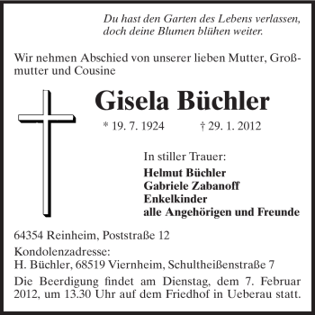 Traueranzeige von Gisela Büchler von Darmstädter Echo, Odenwälder Echo, Rüsselsheimer Echo, Groß-Gerauer-Echo, Ried Echo