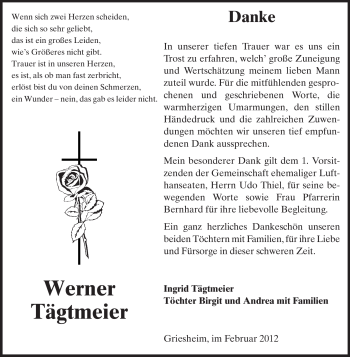 Traueranzeige von Werner Tägtmeier von Rüsselsheimer Echo, Groß-Gerauer-Echo, Ried Echo