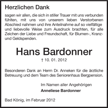 Traueranzeige von Hans Bardonner von Echo-Zeitungen (Gesamtausgabe)