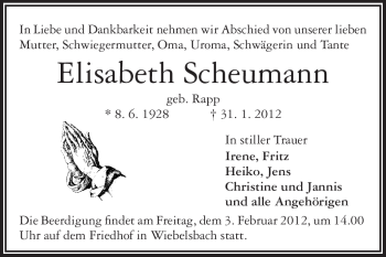 Traueranzeige von Elisabeth Scheumann von Echo-Zeitungen (Gesamtausgabe)
