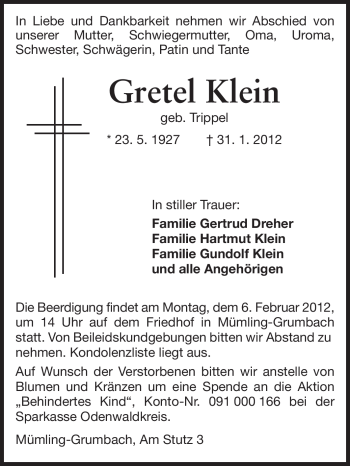 Traueranzeige von Gretel Klein von Odenwälder Echo