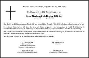 Traueranzeige von Eberhard Görlich von Echo-Zeitungen (Gesamtausgabe)