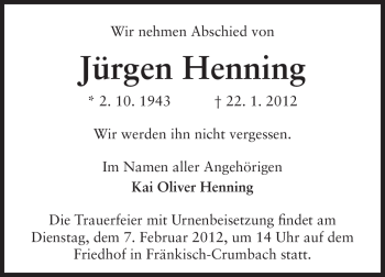 Traueranzeige von Jürgen Henning von Echo-Zeitungen (Gesamtausgabe)