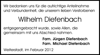 Traueranzeige von Wilhelm Diefenbach von Echo-Zeitungen (Gesamtausgabe)