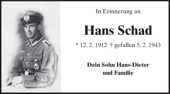 Traueranzeige von Hans Schad von Rüsselsheimer Echo, Groß-Gerauer-Echo, Ried Echo