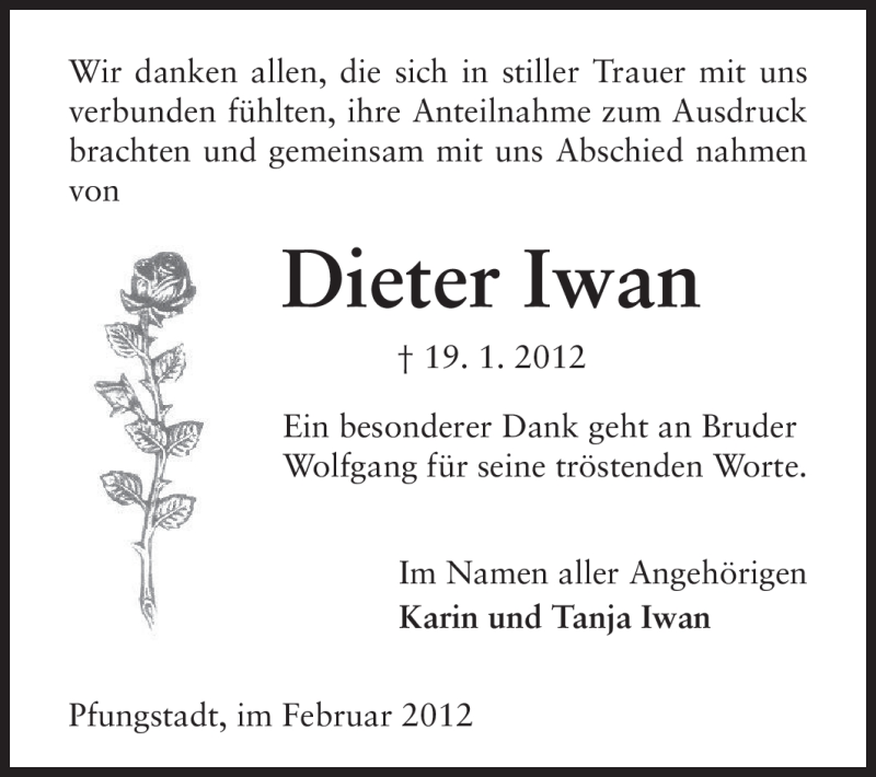  Traueranzeige für Dieter Iwan vom 04.02.2012 aus Echo-Zeitungen (Gesamtausgabe)