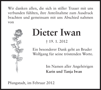 Traueranzeige von Dieter Iwan von Echo-Zeitungen (Gesamtausgabe)