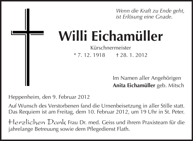  Traueranzeige für Willi Eichamüller vom 09.02.2012 aus Starkenburger Echo