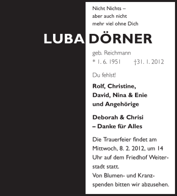 Traueranzeige von Luba Dörner von Echo-Zeitungen (Gesamtausgabe)