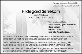 Traueranzeige von Hildegard Setzekorn von Echo-Zeitungen (Gesamtausgabe)