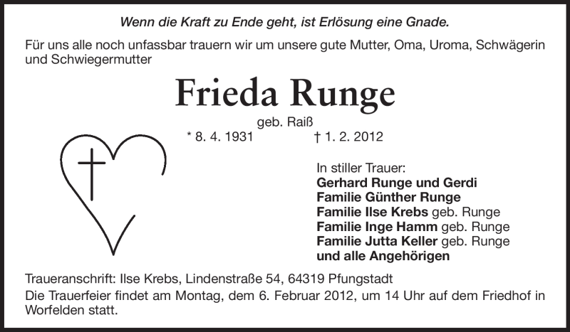  Traueranzeige für Frieda Runge vom 04.02.2012 aus Rüsselsheimer Echo, Groß-Gerauer-Echo, Ried Echo