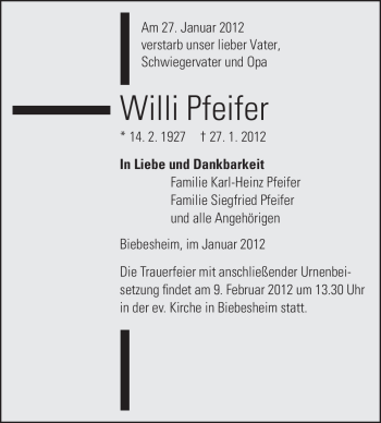 Traueranzeige von Willi Pfeifer von Echo-Zeitungen (Gesamtausgabe)