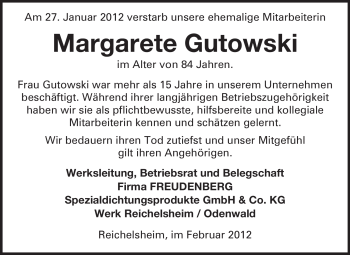 Traueranzeige von Margarete Gutowski von Odenwälder Echo